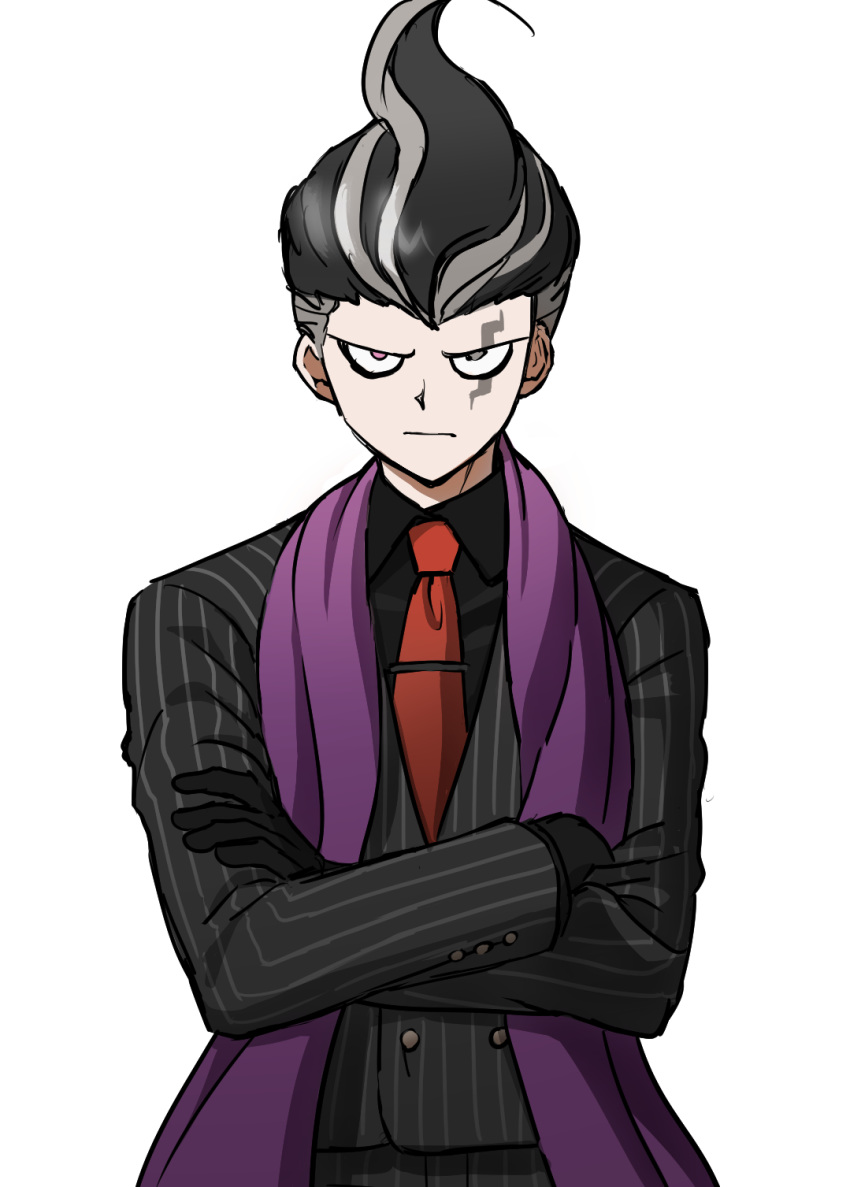 1boy bangs black_gloves black_hair black_shirt closed_mouth collared_shirt cowboy_shot crossed_arms danganronpa_(series) danganronpa_2:_goodbye_despair double-breasted formal gloves highres long_sleeves looking_at_viewer male_focus multicolored_hair necktie no_(xpxz7347) official_alternate_costume pants purple_eyes red_neckwear serious shirt short_hair simple_background solo striped striped_jacket striped_pants tanaka_gandamu tie_clip upper_body vertical_stripes white_background
