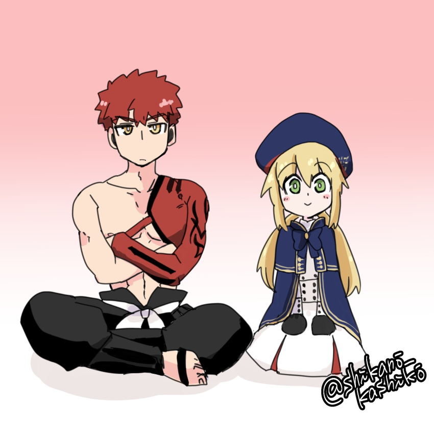 1boy 1girl artoria_pendragon_(all) artoria_pendragon_(caster) bangs beret blue_headwear blush_stickers crossed_arms crossed_legs emiya_shirou fate/grand_order fate_(series) gradient gradient_background green_eyes hands_on_own_knees hat highres igote indian_style jitome limited/zero_over looking_at_viewer low_twintails red_hair ribbon seiza sengo_muramasa_(fate) shikano_kashiko simple_background sitting smile twintails twitter_username yellow_eyes