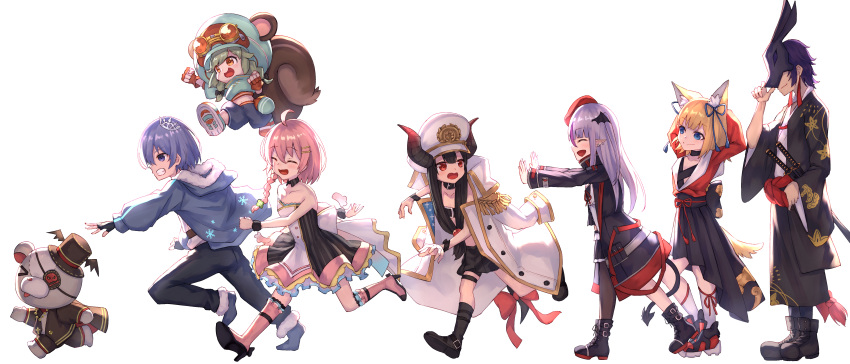 5girls absurdres ahoge amahane_yotsuha animal_ear_fluff animal_ears blue_ribbon character_request demon_girl fox_ears hatano_charo highres kuriyama_yanmi long_braid masaki_(msk064) mayoi_sakyu multiple_girls pink_hair red_headwear ribbon shirayuki_reid squirrel_ears squirrel_girl squirrel_tail tagme tail vgaming virtual_youtuber yoruno_yui