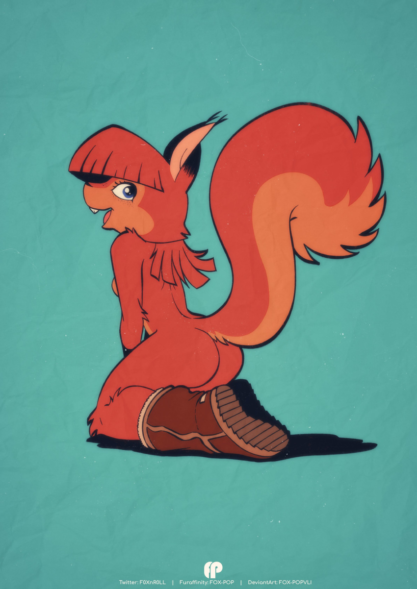 absurd_res anthro boots boots_only butt_pose clothing female footwear footwear_only fox-pop hi_res kneeling looking_at_viewer looking_back mammal mostly_nude pose rodent sciurid solo tree_squirrel