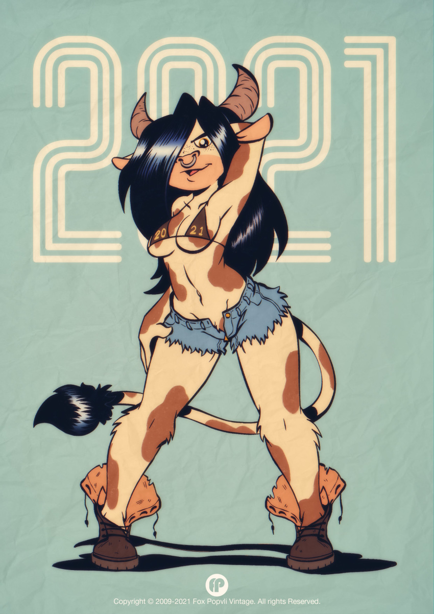 2021 absurd_res anthro bikini bikini_top boots bovid bovine clothing english_text facial_piercing female footwear fox-pop freckles hair hair_over_eye hand_behind_head hi_res horn mammal nose_piercing nose_ring one_eye_obstructed piercing solo swimwear tail_tuft text tuft unbuttoned_pants