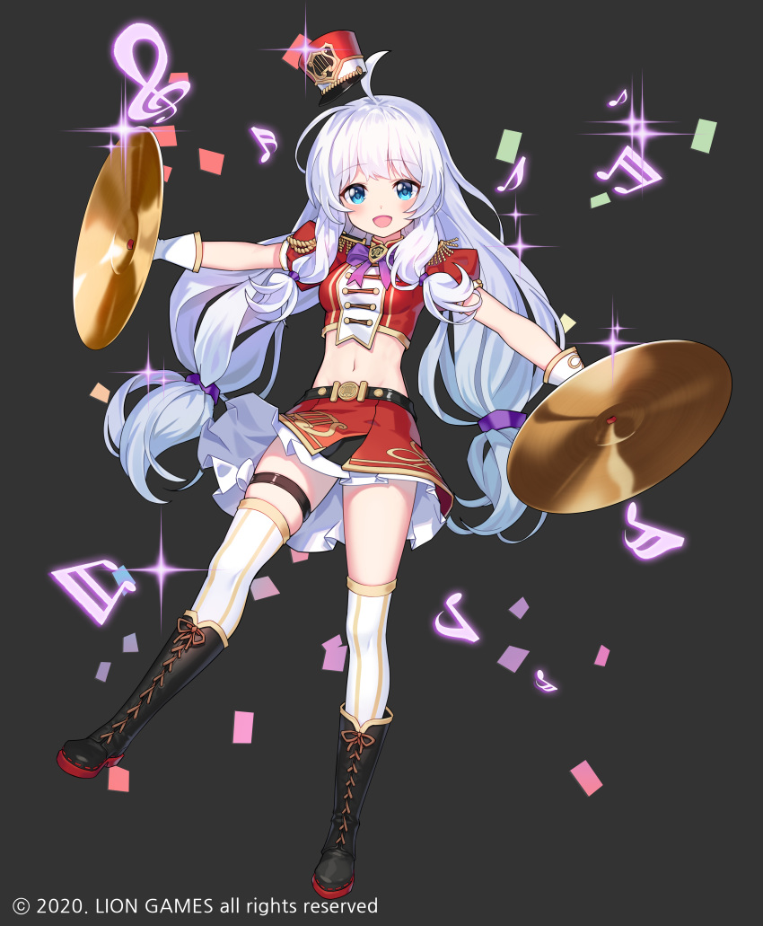 1girl :d absurdres ahoge belt black_footwear blue_eyes boots breasts crop_top cymbals epaulettes full_body gold_trim hat highres holding instrument knee_boots lim_jaejin long_hair looking_at_viewer low_twintails medium_breasts midriff miniskirt navel open_mouth outstretched_arms pleated_skirt red_headwear red_shirt red_skirt shirt short_sleeves skirt smile solo soul_worker stella_unibell stomach thigh_strap thighhighs thighs twintails very_long_hair white_hair white_legwear zettai_ryouiki