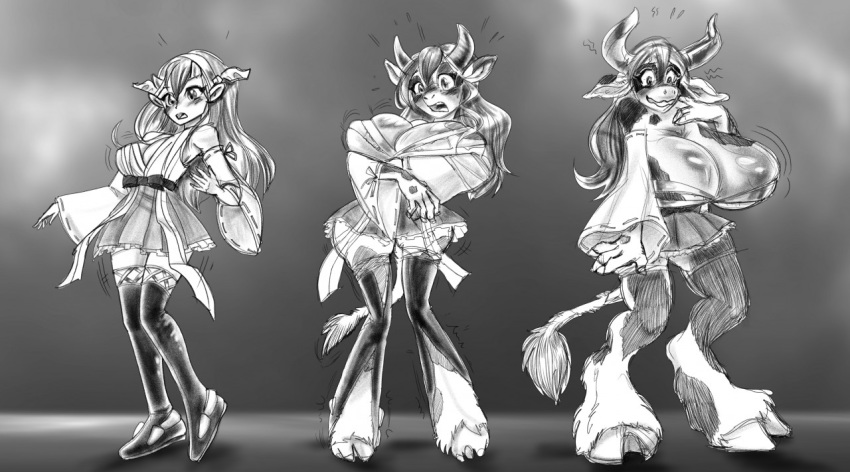 2021 anthro big_breasts blush breast_expansion breasts expansion female growth haruna_(kancolle) hooves horn horn_growth huge_breasts human human_to_anthro kabuki_homewood kantai_collection mammal monochrome sequence smile solo species_transformation standing surprise tail_growth transformation transformation_sequence