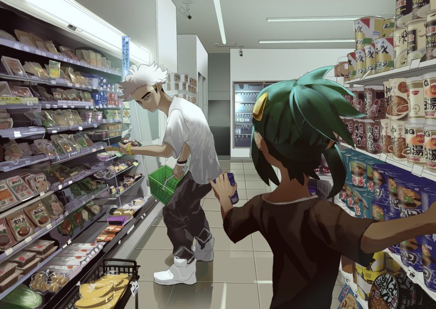 2boys black_hair comanie commentary_request green_hair guzma_(pokemon) hair_ornament hau_(pokemon) highres holding hunched_over indoors looking_back male_focus multiple_boys pants pokemon pokemon_(game) pokemon_sm price_tag security_camera shelf shirt shoes shopping shopping_basket short_sleeves standing t-shirt tile_floor tiles undercut video_camera watch white_footwear white_hair white_shirt wristwatch