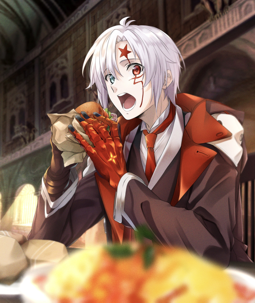 1boy allen_walker black_jacket blue_eyes blurry blurry_background blurry_foreground d.gray-man eating facial_mark food hamburger heterochromia highres holding holding_food indoors jacket long_sleeves male_focus necktie noan omurice open_mouth red_eyes red_neckwear shiny shiny_hair shirt short_hair silver_hair sitting solo white_shirt