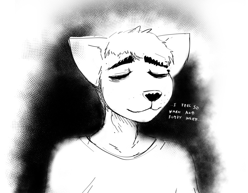 2021 anthro bags_under_eyes canid canine canis comic english_text eyes_closed ghost_pupper's_boyfriend hi_res hladilnik male mammal monochrome smile solo text wolf