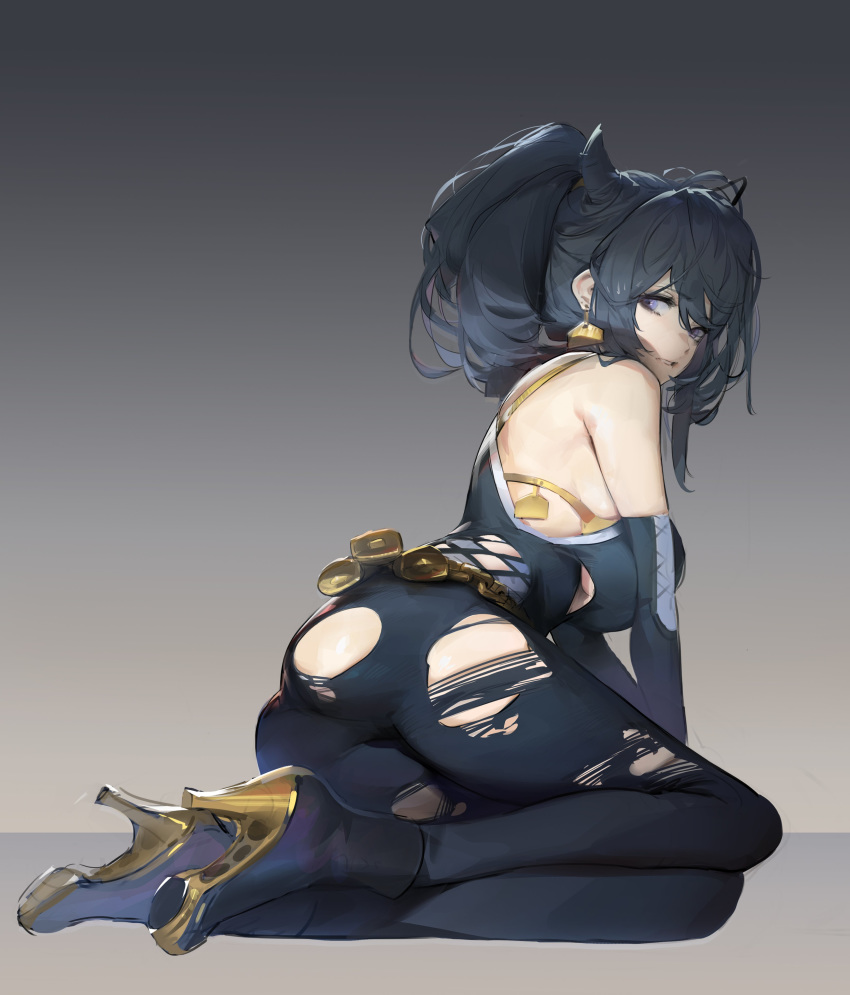 1girl absurdres armpit_peek ass bangs bare_shoulders black_hair black_horns black_legwear blue_eyes bra breasts character_request copyright_request dokshuri facing_away from_side full_body high_heels highres horns large_breasts long_hair looking_at_viewer looking_back medium_hair original panties parted_lips ponytail simple_background sitting sitting_sideways sketch solo torn_clothes underwear white_background white_panties yellow_bra