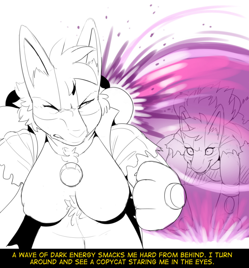 2020 3_fingers anthro attack aura big_hands biped breasts canid canine cheek_tuft chest_tuft claws clenched_teeth clothed clothing comic dialogue digital_drawing_(artwork) digital_media_(artwork) duo english_text facial_tuft fan_character female fidchellvore fight fingers fluffy fluffy_tail front_view fur fur_tuft glowing grin hair half-closed_eyes head_tuft hildegard_(fidchellvore) inner_ear_fluff line_art long_hair looking_at_another looking_back lucario mammal narrowed_eyes navel nintendo nipples one_eye_closed pain pok&eacute;mon pok&eacute;mon_(species) shirt simple_background smile standing surprise surprise_attack teeth text three-quarter_view topwear torn_clothing torn_shirt torn_topwear tuft unbuttoned_shirt video_games white_background white_claws wide_eyed yellow_text
