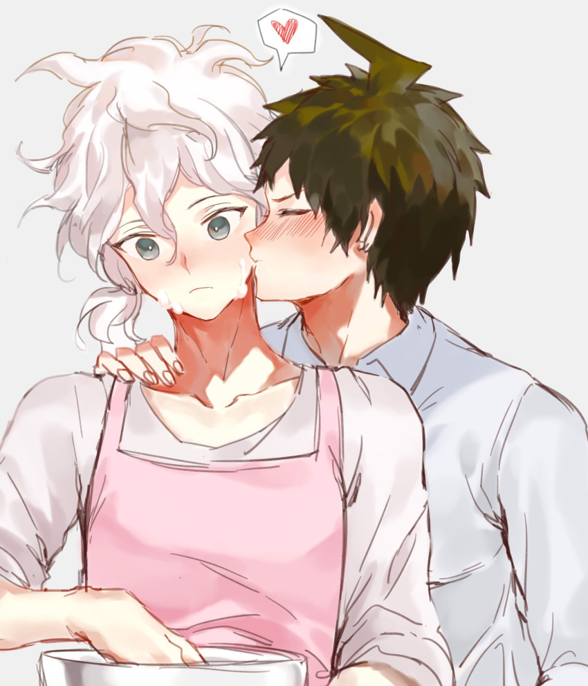 2boys ahoge alternate_costume alternate_hairstyle apron blush bowl brown_hair cheek_kiss closed_eyes collarbone collared_shirt cream cream_on_face danganronpa_(series) danganronpa_2:_goodbye_despair food food_on_face frown grey_background grey_eyes hair_between_eyes hand_on_another's_neck hand_up heart highres hinata_hajime holding holding_bowl kiss komaeda_nagito male_focus messy_hair multiple_boys pink_apron profile shirt short_hair simple_background sketch sleeves_pushed_up speech_bubble spoken_heart surprise_kiss surprised tuteurfars_shin upper_body white_hair yaoi