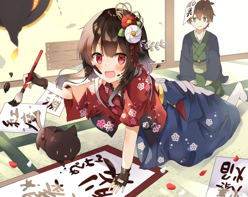 1boy 1girl absurdres bare_shoulders blush brown_hair calligraphy_brush chomusuke fingerless_gloves gloves heart highres japanese_clothes kimono kono_subarashii_sekai_ni_shukufuku_wo! megumin new_year open_mouth paintbrush red_eyes short_hair_with_long_locks smile yuno_(suke_yuno)