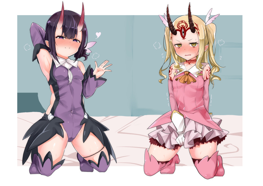 2girls ascot bangs bare_shoulders blonde_hair blush bob_cut boots breasts cosplay covered_navel detached_sleeves dress elbow_gloves eyeliner facial_mark fate/grand_order fate/kaleid_liner_prisma_illya fate_(series) feathers forehead forehead_mark gloves hair_feathers hair_pulled_back highres horns ibaraki_douji_(fate/grand_order) kneeling layered_gloves leotard long_hair looking_at_viewer makeup miyu_edelfelt miyu_edelfelt_(cosplay) multiple_girls nagatani_(nagata2) oni oni_horns open_mouth pink_dress pink_footwear pink_gloves prisma_illya prisma_illya_(cosplay) purple_eyes purple_hair purple_legwear purple_leotard purple_sleeves short_hair shuten_douji_(fate/grand_order) sidelocks skin-covered_horns skirt small_breasts smile tattoo thigh_boots thighhighs thighhighs_under_boots thighs twintails two_side_up white_footwear white_gloves white_skirt yellow_eyes yellow_neckwear