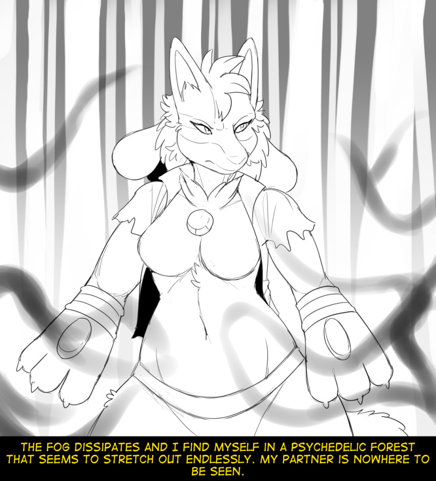 2020 3_fingers angry anthro big_feet biped black_and_white bottomwear bracelet breasts canid canine cheek_tuft chest_tuft claws clothed clothing comic dialogue digital_drawing_(artwork) digital_media_(artwork) english_text facial_markings facial_tuft fan_character featureless_breasts feet female fidchellvore fingers fluffy fluffy_tail fog forest front_view fur fur_markings fur_tuft half-closed_eyes head_markings head_tuft hildegard_(fidchellvore) jewelry leg_tuft line_art looking_around looking_away lucario mammal markings monochrome narrowed_eyes navel neck_tuft nintendo outside partially_clothed plant pok&eacute;mon pok&eacute;mon_(species) portrait pseudo_clothing shirt shorts simple_background sketch solo standing text three-quarter_portrait topwear torn_clothing torn_shirt torn_topwear tree tuft unbuttoned_shirt video_games white_claws yellow_text