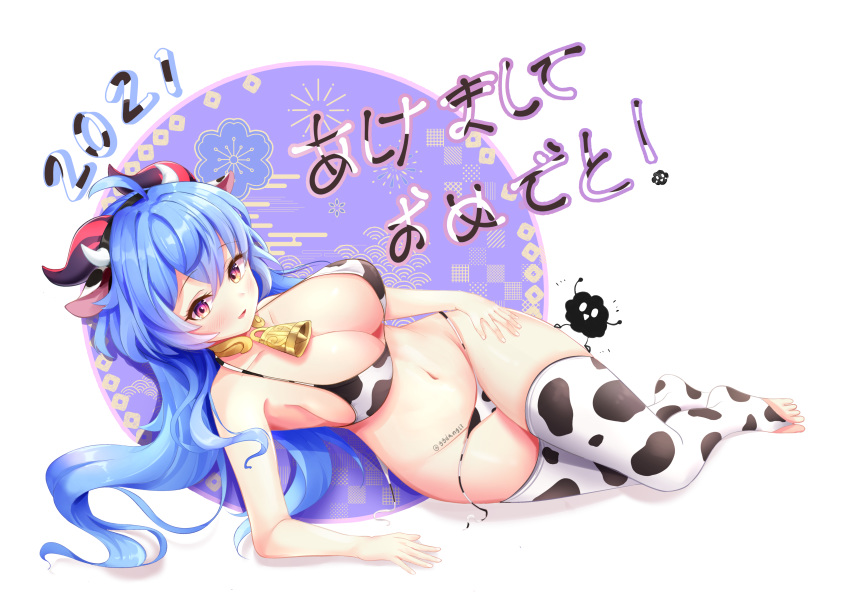 1girl 2021 :d absurdres alternate_breast_size animal_print bare_shoulders bell bikini blue_hair blush bow breasts chinese_zodiac cleavage cow_horns cow_print cowbell feet full_body ganyu_(genshin_impact) genshin_impact geomdaeng highres horns large_breasts lying on_side open_mouth panties purple_eyes side-tie_panties simple_background smile string_panties swimsuit text_focus toeless_legwear underwear untied untied_panties white_background year_of_the_ox