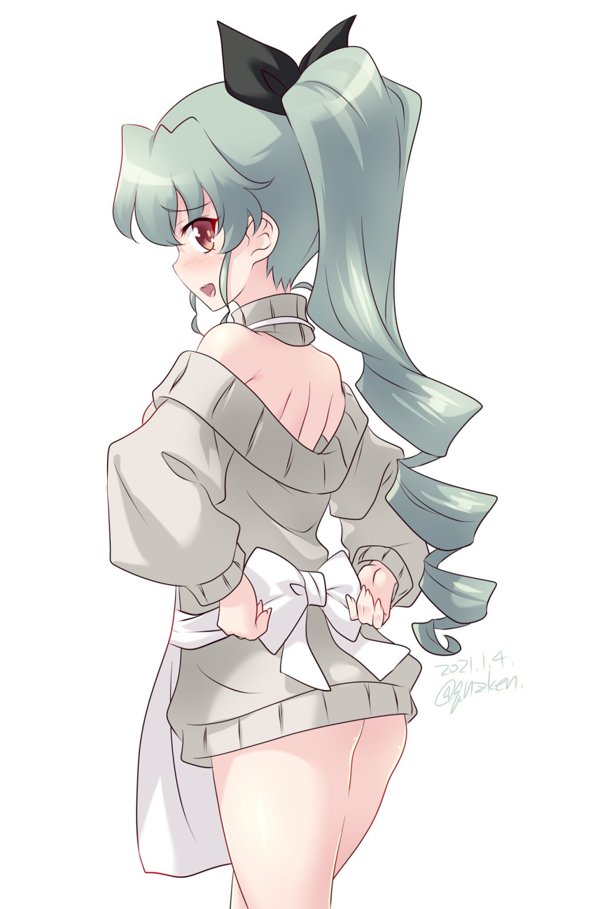1girl alternate_hairstyle anchovy_(girls_und_panzer) apron artist_name ass backless_outfit bare_shoulders blush dated drill_hair drill_ponytail eyebrows_visible_through_hair girls_und_panzer green_hair hair_ornament hair_ribbon highres kuzuryuu_kennosuke long_hair looking_at_viewer looking_back open_mouth ponytail ribbon shiny shiny_hair shoulder_blades simple_background smile solo standing sweater white_background