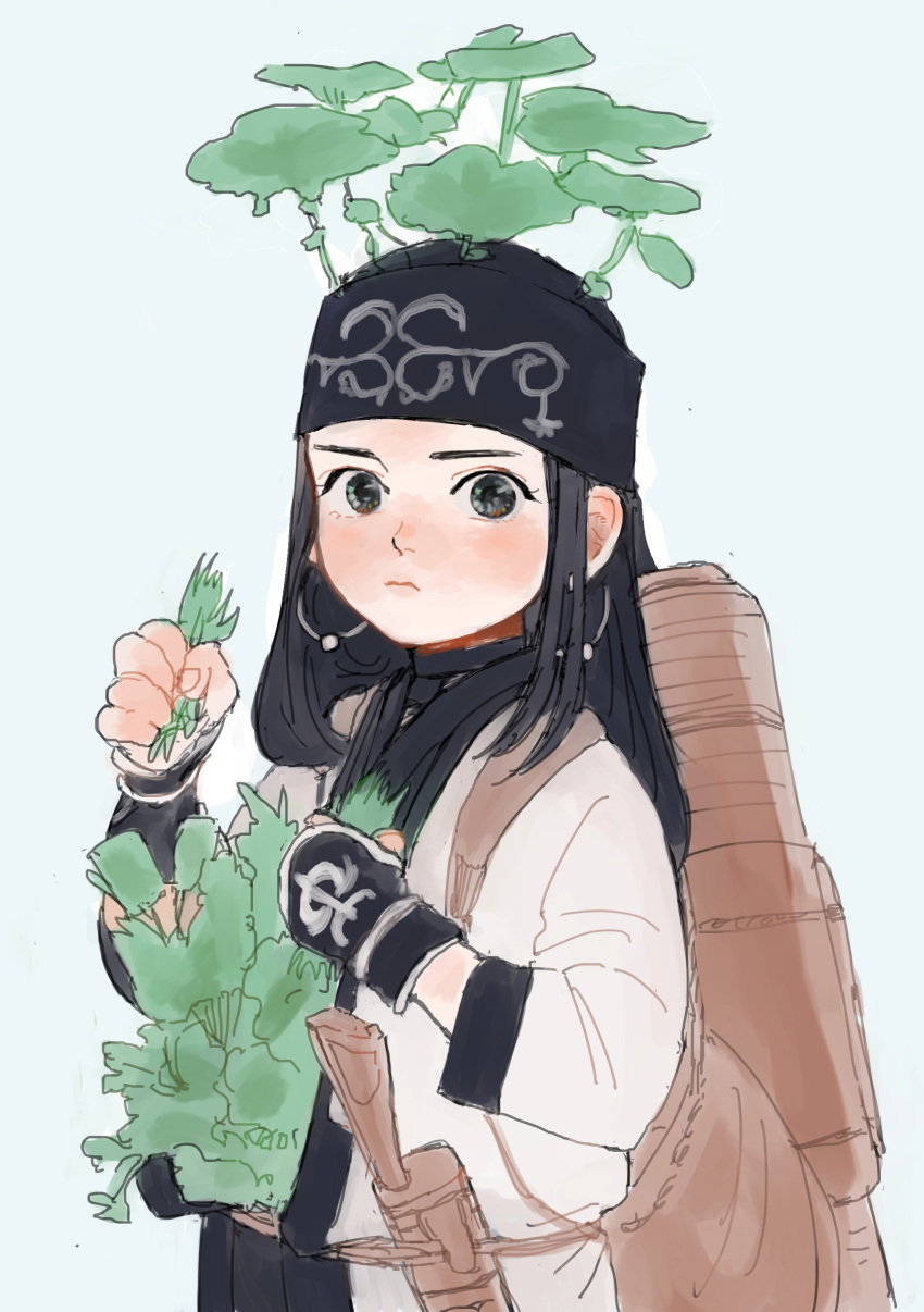 1girl absurdres ainu ainu_clothes asirpa backpack bag bandana black_hair blush closed_mouth collar commentary_request ear_piercing earrings golden_kamuy grass grey_eyes heru22p highres holding hoop_earrings jewelry knife lips long_hair long_sleeves looking_at_viewer piercing plant sheath simple_background solo standing upper_body white_background