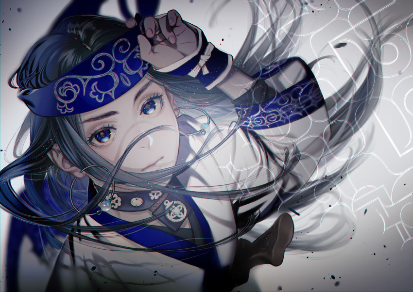 1girl ainu ainu_clothes arm_up asirpa bandana black_hair blue_bandana blue_eyes blue_headband closed_mouth collar commentary_request ear_piercing earrings eyebrows fingernails from_above golden_kamuy grey_background headband highres hoop_earrings jewelry knife lips long_hair long_sleeves looking_at_viewer piercing sheath simple_background solo upper_body w55674570w weapon wide_sleeves wristwear