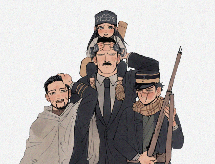 1girl 3boys ainu ainu_clothes arisaka arm_up asirpa bandana black_coat black_eyes black_hair black_jacket black_neckwear black_suit blush bolt_action buttons cape closed_mouth coat collar collared_jacket collared_shirt commentary_request facial_hair facing_viewer frown full_body golden_kamuy grey_background grey_eyes gun hair_slicked_back hand_in_hair hat heru22p highres holding holding_gun holding_weapon hood hood_down hooded_cape imperial_japanese_army jacket kepi long_hair long_sleeves looking_at_another looking_at_viewer military military_hat military_uniform multiple_boys muscular muscular_male mustache necktie ogata_hyakunosuke open_clothes open_mouth rifle scar scar_on_cheek scar_on_face scar_on_mouth scar_on_nose scarf shirt short_hair simple_background sitting_on_shoulder smile spiked_hair standing star_(symbol) stubble sugimoto_saichi undercut uniform upper_body ushiyama_tatsuma weapon white_cape white_shirt