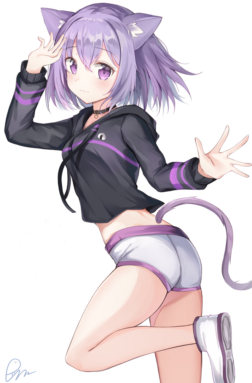 1girl absurdres animal_ear_fluff animal_ears arm_up ass black_coat black_hoodie blush breasts cat_ears cat_girl cat_tail closed_mouth coat commentary_request crop_top drawstring ds_a flat_ass from_side highres hololive hood hood_down hoodie long_sleeves looking_at_viewer looking_to_the_side medium_breasts midriff nekomata_okayu no_socks purple_eyes purple_hair shoe_soles shoes short_shorts shorts signature simple_background solo standing standing_on_one_leg tail virtual_youtuber white_background white_footwear white_shorts