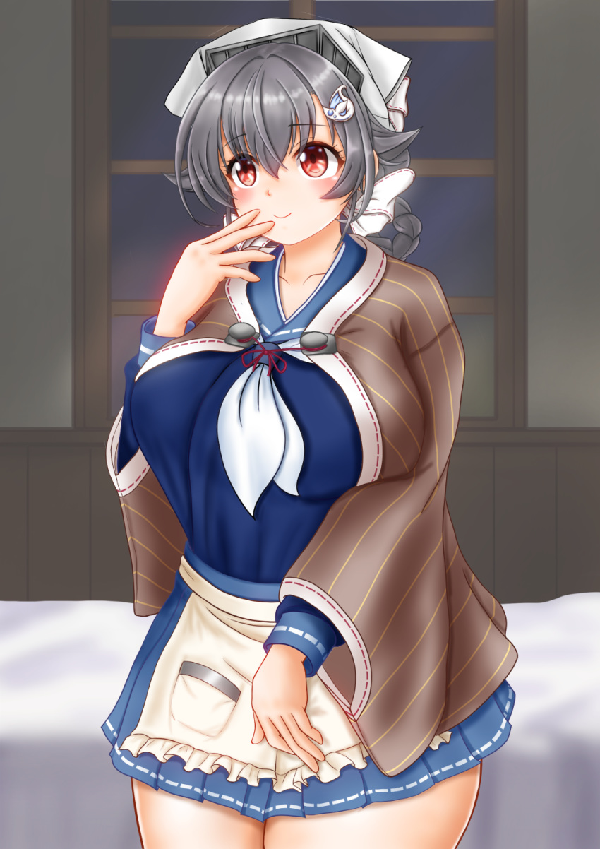 1girl apron bandana bed black_hair blue_sailor_collar blue_serafuku blue_skirt breasts brown_shawl eyebrows_visible_through_hair hair_flaps hair_ornament hairband hairclip headgear highres indoors jingei_(kantai_collection) kantai_collection large_breasts long_hair low_ponytail neckerchief night pleated_skirt red_eyes sailor_collar sailor_shirt school_uniform serafuku shawl shirt sitting skirt solo two-tone_hairband uratomomin waist_apron whale_hair_ornament white_apron white_neckwear window