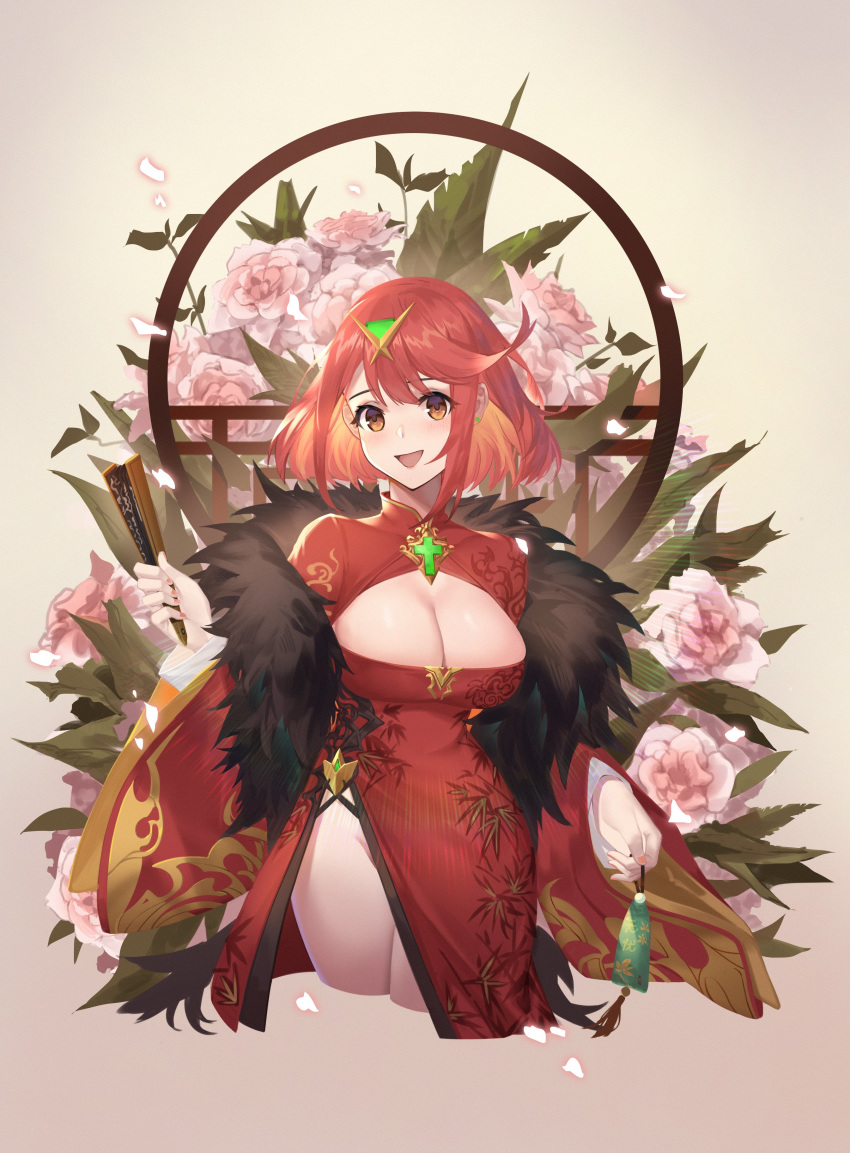 1girl absurdres breasts china_dress chinese_clothes cleavage cleavage_cutout clothing_cutout dress flower highres jewelry kray._(k-ray) large_breasts pyra_(xenoblade) red_eyes short_hair solo xenoblade_chronicles_(series) xenoblade_chronicles_2