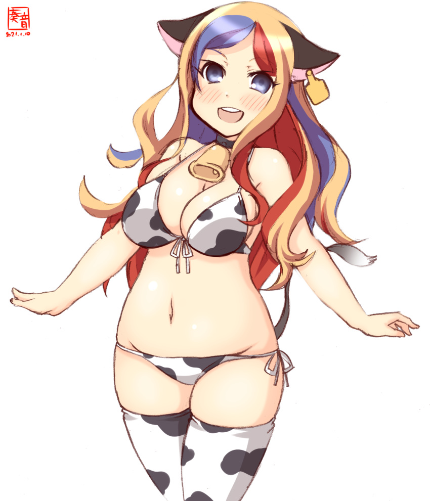 1girl animal_ears animal_print artist_logo bell bikini blonde_hair blue_hair breasts cleavage commandant_teste_(kantai_collection) commentary_request cow_ears cow_girl cow_print cow_tail cowbell cowboy_shot dated ear_tag fake_animal_ears highres kanon_(kurogane_knights) kantai_collection large_breasts long_hair looking_at_viewer lowleg lowleg_bikini multicolored_hair navel red_hair side-tie_bikini simple_background smile solo standing streaked_hair swimsuit tail white_background white_bikini