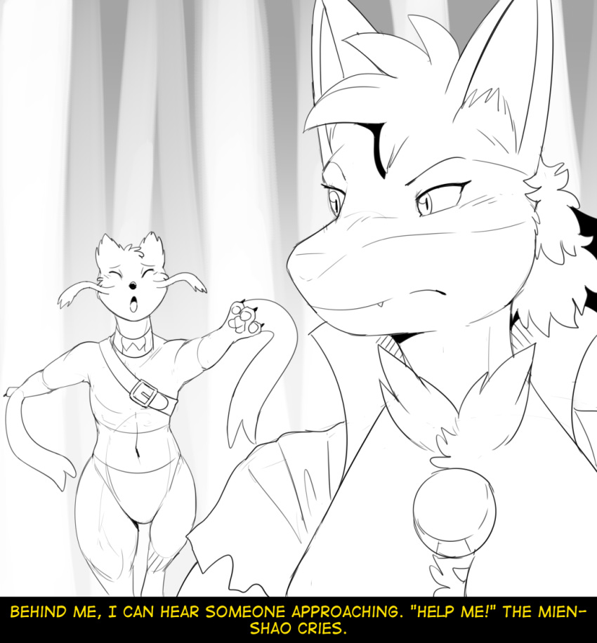 ! 2020 3_fingers anthro belt biped black_and_white black_claws black_eyebrows black_nose breasts canid canine cheek_tuft chest_tuft claws clothed clothing comic dialogue digital_drawing_(artwork) digital_media_(artwork) duo ear_tuft english_text eyebrows eyes_closed facial_tuft fan_character fangs felid feline female fidchellvore fingers forest front_view fur fur_tuft hair half-closed_eyes handpaw head_tuft hildegard_(fidchellvore) inner_ear_fluff line_art looking_at_another looking_back lucario male mammal markings mienshao monochrome mostly_nude narrowed_eyes navel neck_tuft neckwear nintendo open_mouth outside partially_clothed paws plant pok&eacute;mon pok&eacute;mon_(species) pseudo_clothing running scared screaming shirt short_hair simple_background sketch standing text three-quarter_view tongue topwear torn_clothing torn_shirt torn_topwear tree tuft turning_back unbuttoned_shirt video_games walking whiskers yellow_text