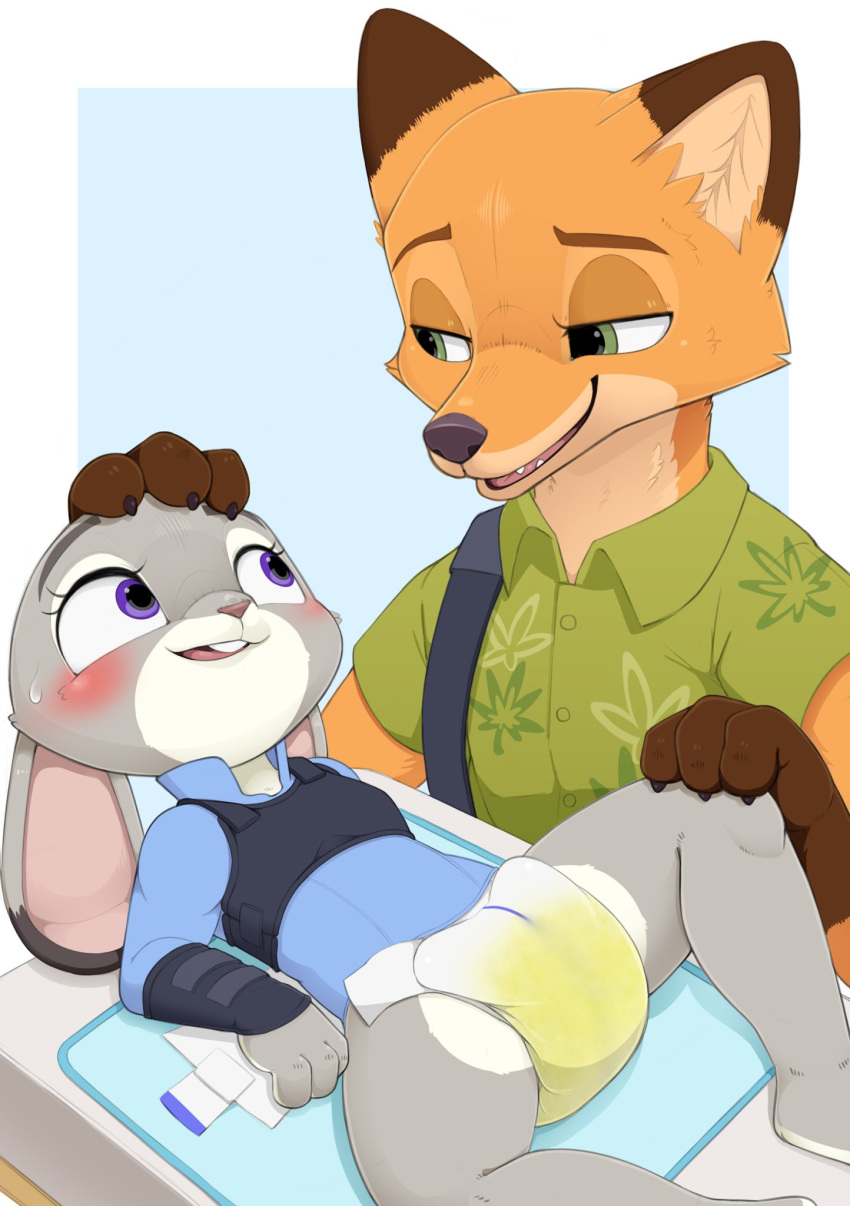 anthro blush bodily_fluids canid canine changing_table claws clothing diaper diaper_change disney duo female fox genital_fluids hand_on_head hand_on_knee hand_on_leg hi_res judy_hopps lagomorph leporid male mammal nervous nick_wilde nyanyakotarou police_uniform rabbit smile spread_legs spreading sweat teeth uniform urine wet_diaper wetting zootopia