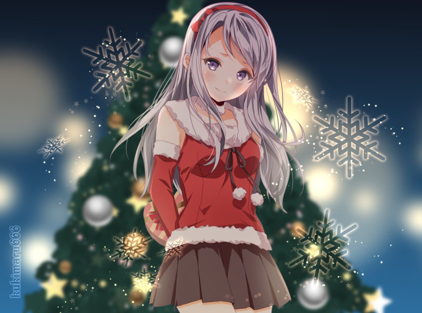 1girl blurry blurry_background blush breasts christmas_ornaments christmas_tree elbow_gloves eyebrows_visible_through_hair fur_trim gloves hairband headband kantai_collection kukimaru long_hair looking_at_viewer pine_tree pleated_skirt pom_pom_(clothes) purple_eyes red_gloves red_headband red_shirt sagiri_(kantai_collection) santa_costume shirt silver_hair skirt sleeveless sleeveless_shirt small_breasts smile snowflakes solo tree