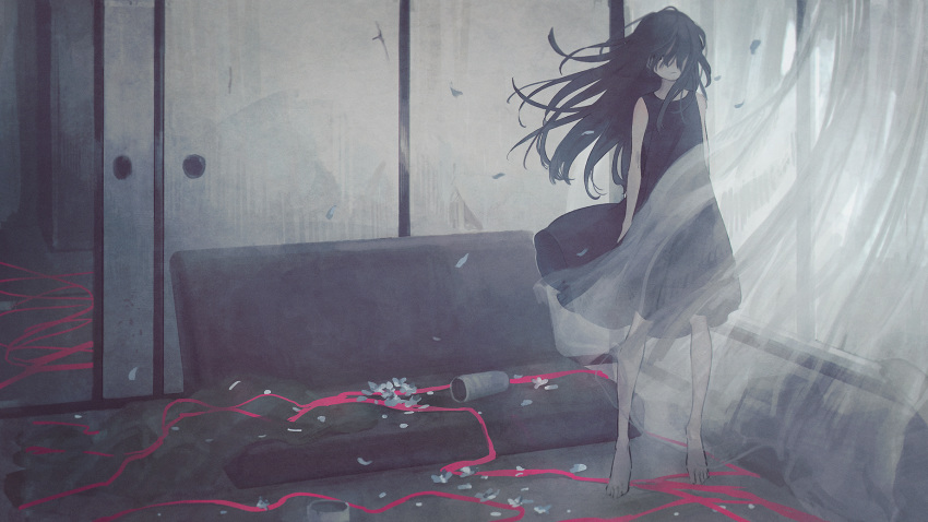 1girl bangs barefoot black_dress curtains doorway dress highres limited_palette looking_at_viewer muted_color namihaya original petals sleeveless sleeveless_dress solo standing wide_shot wind window