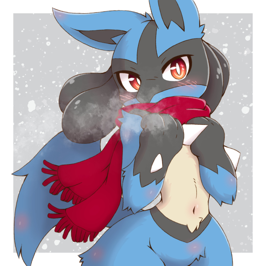 1:1 2021 acky05 ambiguous_gender anthro black_body black_fur blue_body blue_fur blush breath chest_spike fur grey_background hand_spike hi_res lucario navel nintendo orange_eyes pok&eacute;mon pok&eacute;mon_(species) pupils red_scarf scarf shaded simple_background slit_pupils snow solo spikes spikes_(anatomy) video_games winter yellow_body yellow_fur