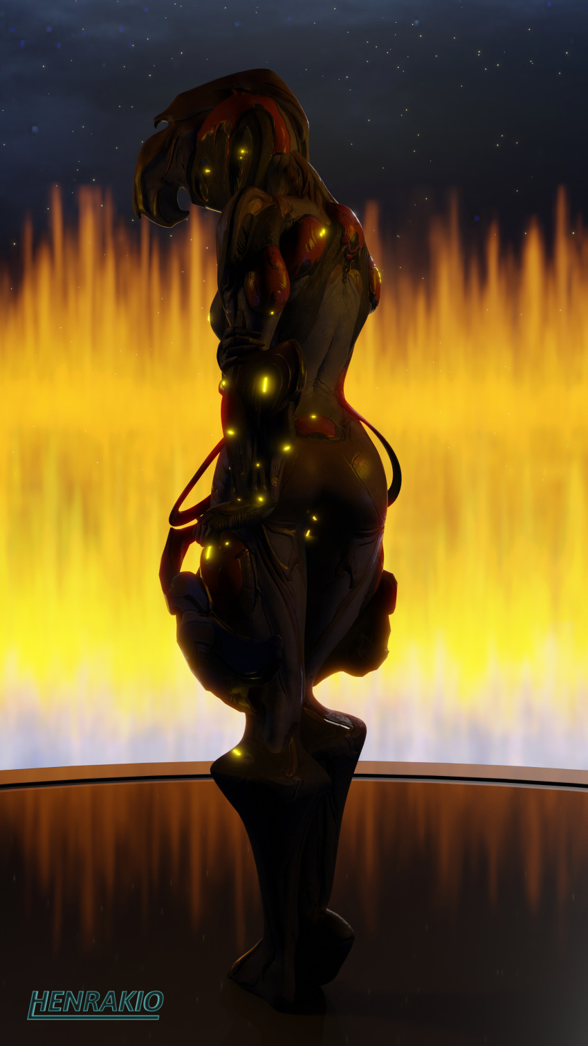 4k 9:16 absurd_res alien alien_humanoid anus armor clothed clothing ember_(warframe) female fire genitals glowing glowing_anus glowing_genitalia glowing_nipples glowing_pussy henrakio hi_res humanoid looking_back nipples pussy rear_view solo video_games