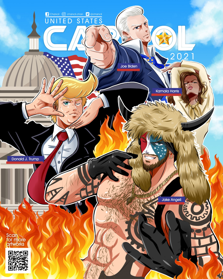 1girl 2021 3boys abs absurdres america american_flag arm_tattoo arms_up artist_name beard black_gloves black_jacket black_suit blonde_hair blue_eyes blue_neckwear blue_sky blue_suit brown_eyes business_suit chancil character_name chest_hair chest_tattoo cloud collared_shirt commentary cover dark_skin dark_skinned_female donald_trump dress earrings english_commentary english_text facebook_username facepaint facial_hair fake_cover fire formal gloves goatee grin hairy hand_over_face hands_above_head highres hoop_earrings horns instagram_username jacket jake_angeli jewelry joe_biden jojo_no_kimyou_na_bouken jojo_pose kamala_harris long_sleeves looking_at_viewer multiple_boys mustache neckerchief necklace necktie one_eye_closed outdoors parody pectorals pointing pointing_at_viewer politician politics pompadour pose qr_code real_life red_lips red_neckwear shirt shoulder_tattoo sky smile smug star_(symbol) stardust_crusaders stud_earrings suit tattoo twitter_username united_states_capitol white_hair white_shirt wing_collar yellow_dress yellow_neckwear