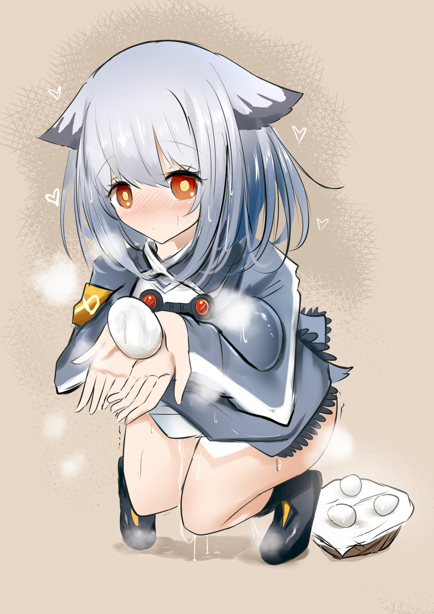 1girl absurdres animal_ears arknights armband basket birth blush boots bottomless coat egg egg_laying giving grey_hair heart highres kouki_hanada ptilopsis_(arknights) pussy_juice red_eyes short_hair