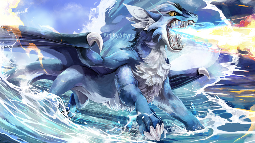 16:9 angry beach blitzdrachin claws conditional_dnp detailed_background detailed_painting dragon fangs feral fire fur furred_dragon painting running sea seaside shooting_fire water widescreen wings yellow_eyes
