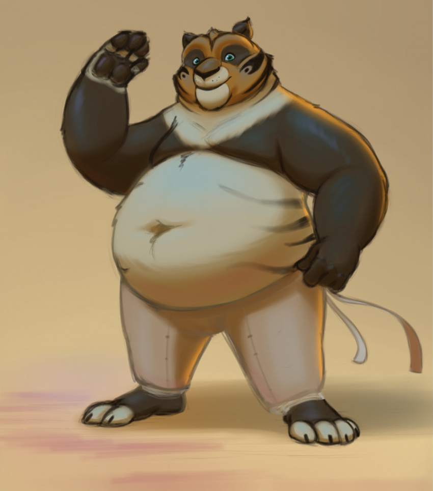 2020 anthro belly black_body black_fur bottomwear clothing dreamworks fan_character felid fur giant_panda hi_res hybrid kung_fu_panda male mammal navel overweight overweight_male pantherine pants simple_background solo themorghull tiger ursid white_body white_fur
