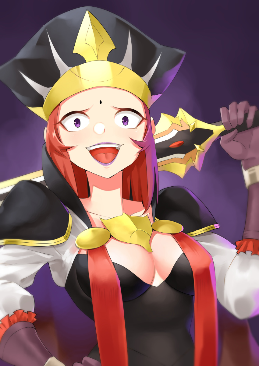 1girl absurdres arm_up armor breasts cleavage daniela_(fire_emblem) fire_emblem fire_emblem_fates hand_on_hip highres holding holding_weapon igni_tion large_breasts lipstick looking_at_viewer makeup open_mouth purple_eyes purple_lipstick red_hair shoulder_armor siegfried_(sword) sword teeth upper_body weapon