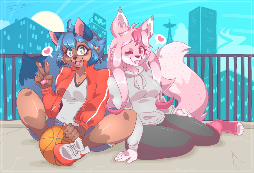 &lt;3 2020 5_fingers anthro ball basketball_(ball) biped blue_clothing blue_hair bottomwear brand_new_animal breasts brown_body brown_fur canid canine claws cleavage clothed clothing detailed_background digital_media_(artwork) duo female fingers footwear fox fur gesture hair hi_res hoodie humanoid_hands jacket long_hair looking_at_viewer mammal michiru_kagemori nazuna_hiwatashi one_eye_closed open_mouth outside pawpads pink_body pink_fur pink_hair pink_tail raccoon_dog railing red_clothing shirt shoes shorts sitting sneakers studio_trigger sun t-shirt tanuki tongue tongue_out topwear toxikaiju v_sign white_clothing wink