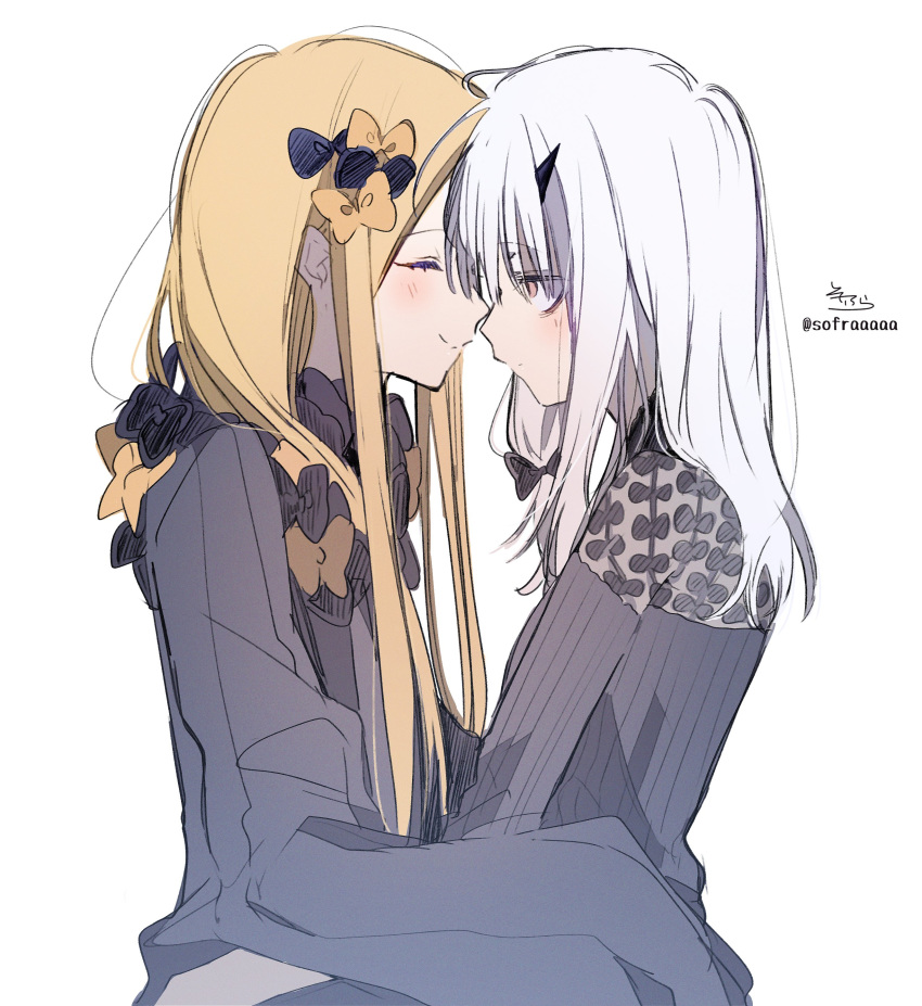 2girls abigail_williams_(fate/grand_order) absurdres black_bow black_dress blonde_hair blush bow brown_bow brown_eyes closed_eyes closed_mouth dress facing_another fate/grand_order fate_(series) forehead-to-forehead hair_bow highres lavinia_whateley_(fate/grand_order) long_hair long_sleeves looking_at_another multiple_girls profile signature simple_background sleeves_past_fingers sleeves_past_wrists smile sofra twitter_username white_background white_hair yuri