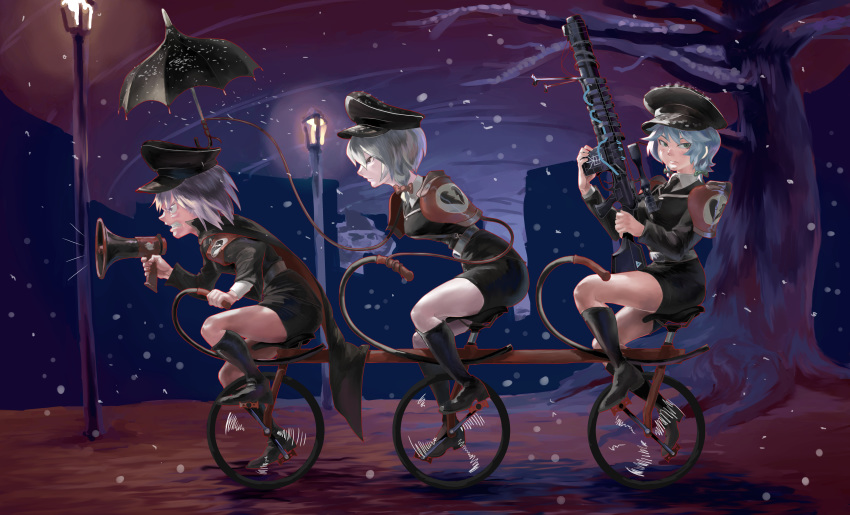 3girls absurdres angry armor bangs bicycle bipod bird black_cape black_coat black_footwear black_headwear black_skirt boots bow braid broken_heart_print cape chicken clenched_teeth closed_mouth coat collared_shirt commentary_request cookie_(touhou) ein_(cookie) full_body geru_futota green_bow green_eyes ground_vehicle gun hair_between_eyes hair_bow hat highres holding holding_gun holding_umbrella holding_weapon izayoi_sakuya lamppost light_blue_hair long_sleeves looking_at_another looking_at_viewer looking_to_the_side megaphone miniskirt multiple_girls nicoseiga36731666 pauldrons peaked_cap purple_eyes purple_hair red_bow red_cape remilia_scarlet rifle shirt short_hair shoulder_armor silver_hair single_braid sitting skirt sniper_rifle snow snowing tandem_bicycle teeth tentacles touhou tree twin_braids two-sided_cape two-sided_fabric umbrella weapon white_shirt wing_collar zwei_(cookie)