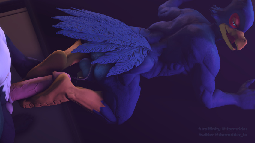 16:9 3d_(artwork) anthro avian bird bodily_fluids canid canine canis chastity_cage chastity_device cum digital_media_(artwork) duo falco_lombardi falcon falconid foot_fetish foot_play footjob genital_fluids hi_res male male/male mammal nintendo sex source_filmmaker star_fox stormrider video_games widescreen wolf wolf_o'donnell