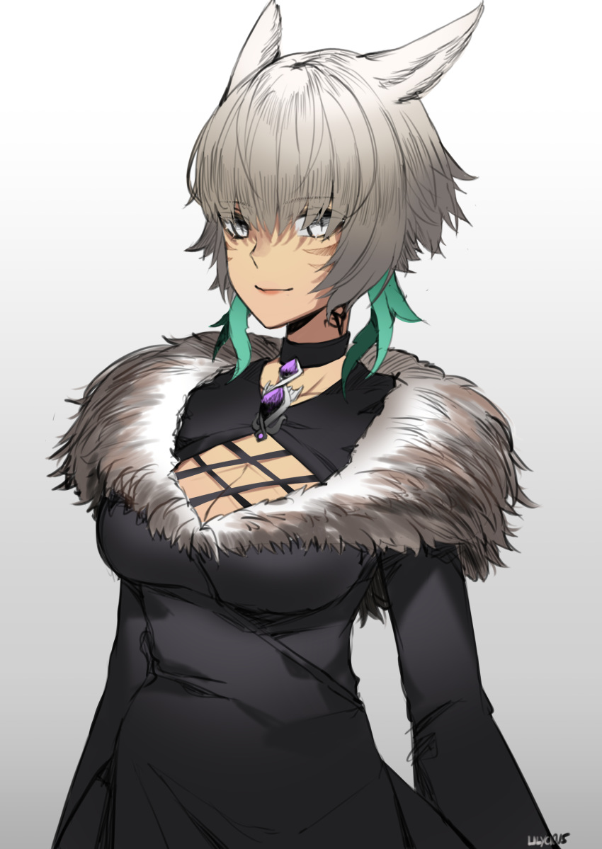 1girl absurdres animal_ears artist_name breasts brooch choker cleavage dress facial_mark final_fantasy final_fantasy_xiv fur-trimmed_dress fur_trim grey_hair highres jewelry lilycious lips medium_breasts miqo'te short_hair slit_pupils smile solo white_eyes y'shtola_rhul