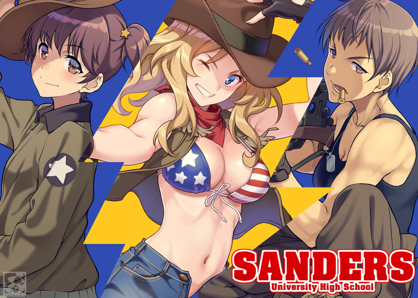 3girls alisa_(girls_und_panzer) american_flag_bikini artist_logo bangs bikini black_gloves black_shirt blonde_hair blue_eyes bolt_action brown_eyes brown_hair brown_jacket brown_pants bullet_casing bullet_in_mouth cargo_pants closed_mouth commentary commentary_request cowboy_hat dog_tags emblem english_text eyebrows_visible_through_hair fingerless_gloves flag_print freckles front-tie_bikini front-tie_top frown girls_und_panzer gloves gun hair_intakes hair_ornament hand_in_pocket hand_on_own_head hat highres holding holding_clothes holding_gun holding_hat holding_weapon jacket kay_(girls_und_panzer) long_hair long_sleeves looking_at_viewer looking_back military military_uniform mosin-nagant motion_blur mouth_hold multiple_girls naomi_(girls_und_panzer) navel one_eye_closed one_knee pairan pants red_stripes rifle saunders_(emblem) saunders_military_uniform shirt short_hair short_twintails shorts smile sniper_rifle standing star_(symbol) star_hair_ornament string_bikini striped swimsuit tank_top twintails uniform v-shaped_eyebrows very_short_hair weapon