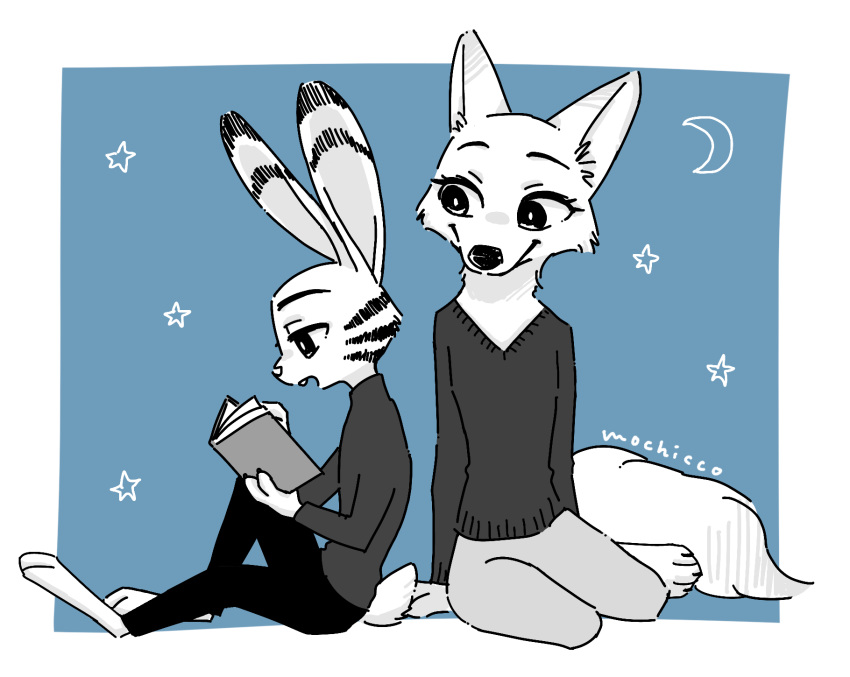 anthro arctic_fox barefoot blue_background book border canid canine clothed clothing disney duo fox fully_clothed hi_res holding_book holding_object jack_savage lagomorph leporid mammal mochicco open_mouth rabbit reading simple_background sitting skye_(zootopia) white_border zootopia