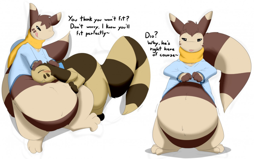 3_toes belly big_belly blush brown_body brown_fur clothing digestion dio_(diorexity) diorexity duo english_text eyes_closed feral fur furret hoodie licking licking_lips male nintendo pok&eacute;mon pok&eacute;mon_(species) scarf text toes tongue tongue_out topwear video_games vore
