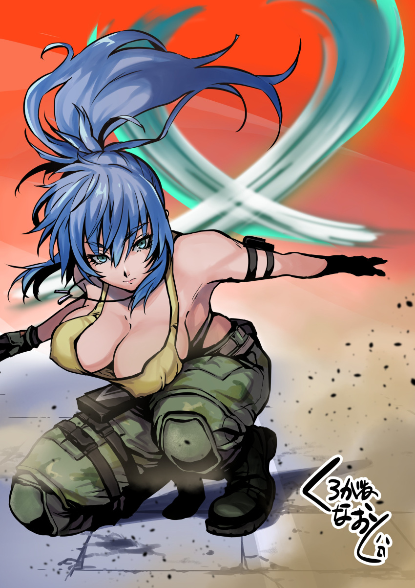 1girl absurdres bangs belt blue_eyes blue_hair boots breasts camouflage cleavage combat_boots dog_tags earrings floor gloves highres jewelry kurogane_naoto_(churushiko) large_breasts leona_heidern pocket ponytail signature solo tank_top the_king_of_fighters the_king_of_fighters_xiv the_king_of_fighters_xv yellow_tank_top