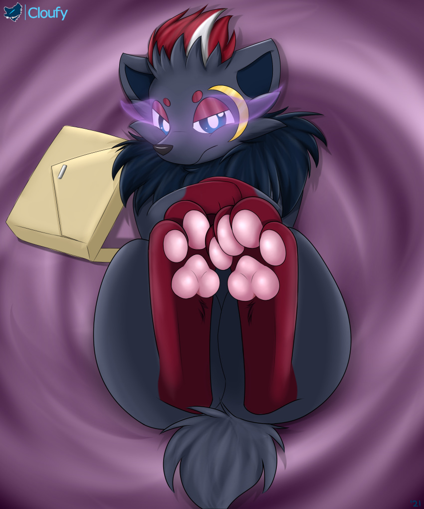 absurd_res angry annoyed annoyed_expression butt cloufy digital_media_(artwork) fan_character female feral fur hair hi_res hindpaw looking_at_viewer mammal nintendo pawpads paws pok&eacute;mon pok&eacute;mon_(species) simple_background solo toes video_games zorua