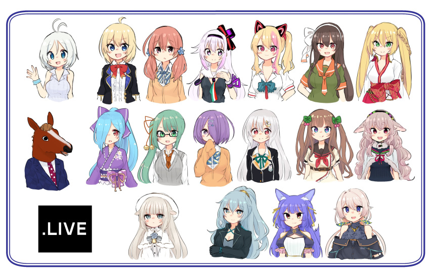 .live 6+girls absurdres animal_ears bacharu_(youtube) carro_pino commentary_request glasses gloves hair_ornament hair_over_one_eye hair_ribbon headband highres jacket kagura_suzu_(.live) kakyouin_chieri kitakami_futaba kongou_iroha long_hair merry_milk merry_milk_no_mori mokota_mememe mokumokuuma multiple_girls nanahoshi_milily nekonoki_mochi open_mouth ribbon rikumu rurun_rururica school_uniform siro_(dennou_shoujo_youtuber_siro) smile ushimaki_riko virtual_youtuber x_hair_ornament yaezawa_natori yamato_iori yozakura_tama