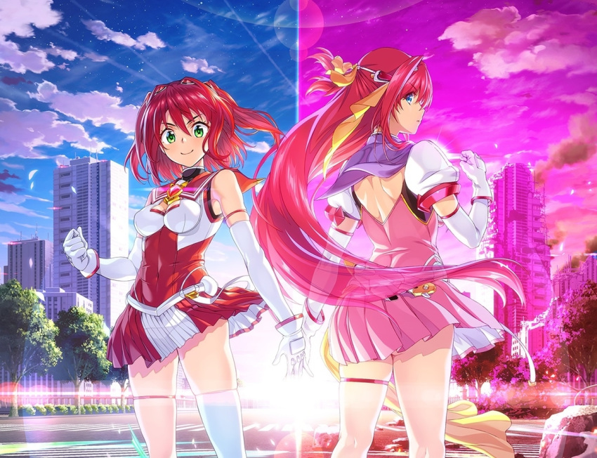 2girls akari_sonozaki bangs breasts covered_navel cowboy_shot elbow_gloves escalation_heroines escalayer gloves green_eyes kouenji_sayuka layered_gloves long_hair medium_breasts miniskirt multiple_girls official_art pink_hair pleated_skirt profile puffy_sleeves red_hair short_sleeves single_thighhigh skirt smile thigh_strap thighhighs two_side_up very_long_hair white_gloves white_legwear