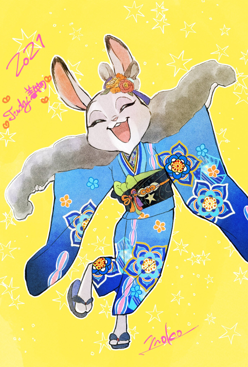 2021 anthro asian_clothing buckteeth clothing disney east_asian_clothing eyes_closed female hi_res japanese_clothing judy_hopps kimono lagomorph leporid mammal monmokamoko open_mouth open_smile rabbit signature simple_background smile solo teeth yellow_background zootopia