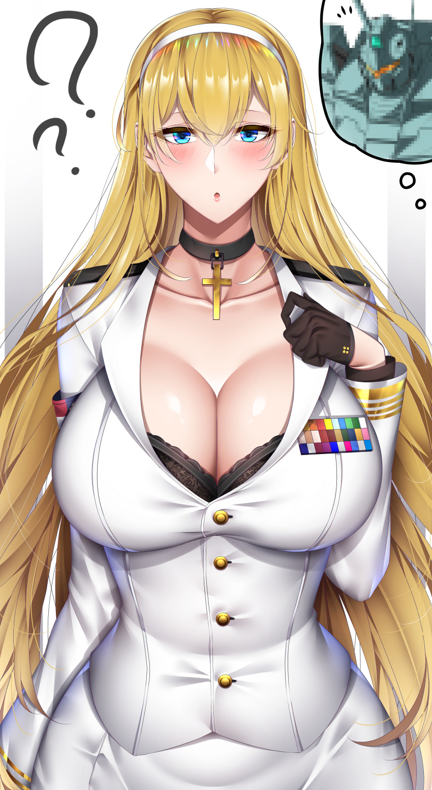 1girl :o ? absurdres azur_lane bangs black_bra black_gloves blonde_hair blue_eyes blush bra bra_peek breasts choker cleavage commentary_request cross cross_choker cross_necklace gloves gm_custom gundam gundam_0083 hair_between_eyes hairband half_gloves highres jewelry lace lace_bra large_breasts mecha military military_jacket military_uniform necklace north_carolina_(azur_lane) obei_teitoku open_mouth underwear uniform white_hairband